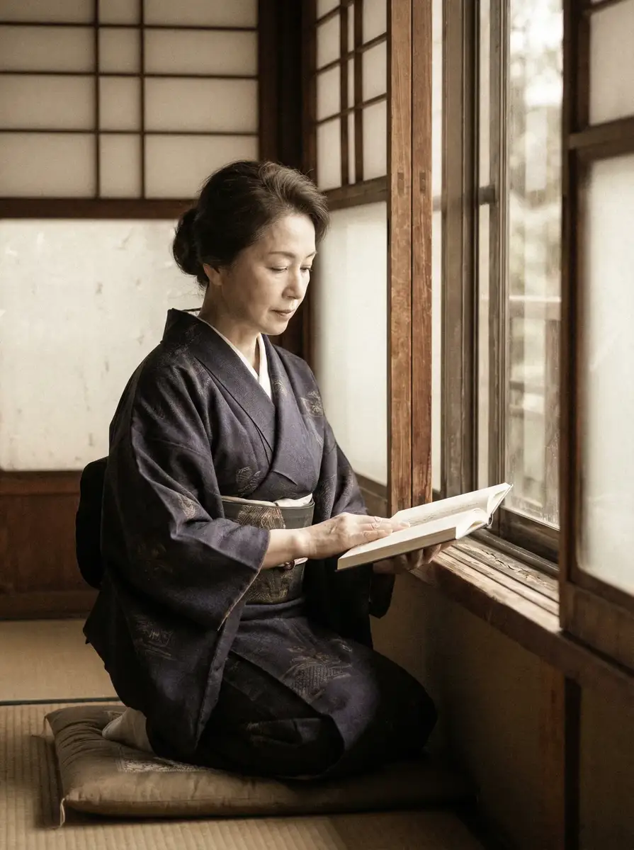 一位优雅的五十岁 琼明神女录 身穿深蓝色和服，在窗边静读