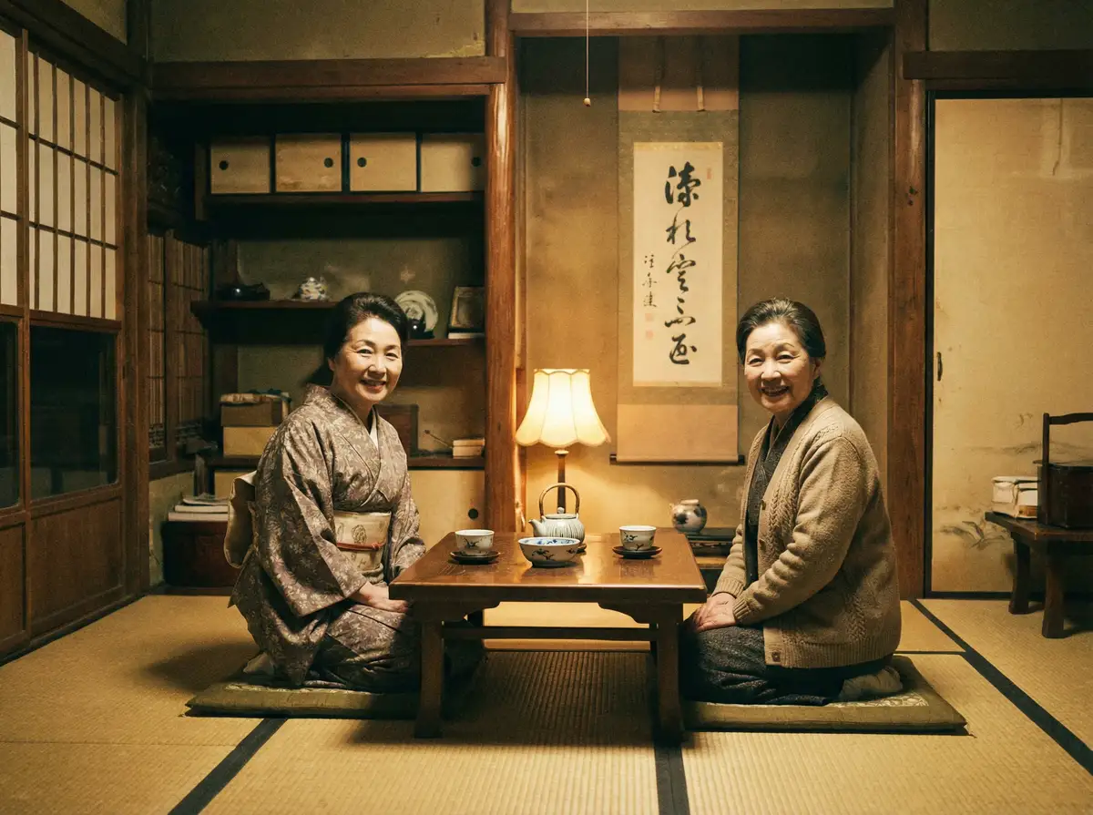 两位优雅的 琼明神女录 在日式茶室中品茶交谈